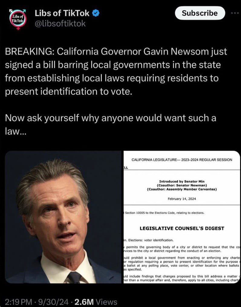 Newsom’s Law Forbidding ID Requirement to Vote